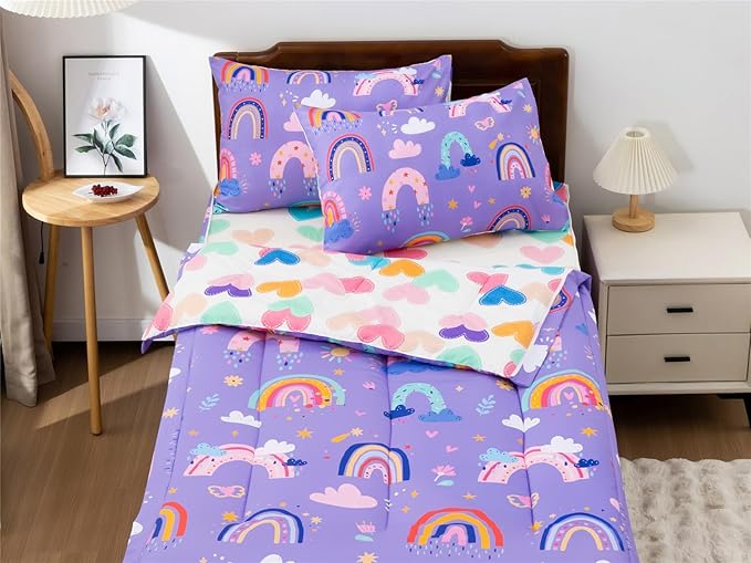 NTBED Rainbow Printed Zipper Bedding Sets Full Lightweight Microfiber Girls Boho Cloud Comforter Sets with Fitted Sheet Pillow Covers,Purple