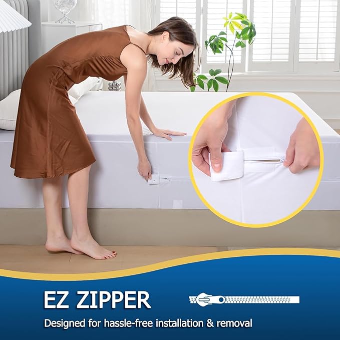 Full Waterproof Zippered Mattress Encasement, Breathable, Noiseless, Machine-Washable Zipped Mattress Cover, Fitting 7" - 13" Deep Mattress