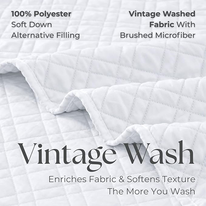 Cali King Quilt Set with Shams Lightweight Quilted Bedspread Coverlet Thin Comforter Bed Cover Vintage Washed Quilted Blanket for All Season, Brushed Microfiber Diamond Stitching, White, 111"x92"