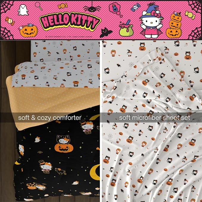 Sanrio Hello Kitty Halloween Pumpkin Full Bed Set – Super Soft & Cozy 5 Piece Reversible Comforter and Sheet Set (Officially Licensed Product) by Franco