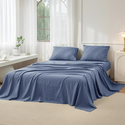 JIYUAN 100% Washed Cotton Sheet Set 4 Pieces Queen,1 Fitted Sheet,1 Flat Sheet and 2 Pillowcases,Comfy and Breathable Linen Like Bedding Set,Heathered Blue