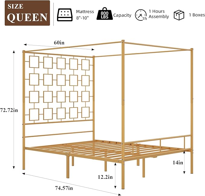 Modern Queen Canopy Bed Sturdy Metal Slats Easy Assembly – 1000lbs Capacity, Ideal for Small Spaces & Rentals, No Box Spring Needed