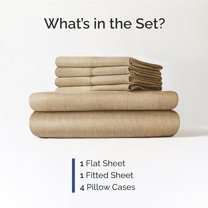Full 6 Piece Sheet Set - Comfy Breathable & Cooling - Ultra Soft Hotel Luxury Bedding Set w/ 8-16 Inch Deep Pockets - 1 Flat & 1 Fitted Sheet & 4 Pillowcases - Wrinkle Free & Easy Care - Heathered Tan
