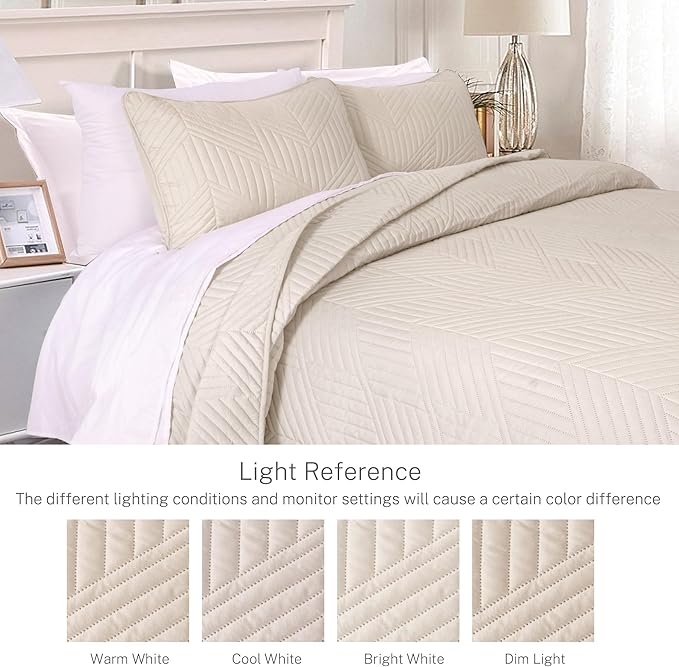 Exclusivo Mezcla Ultrasonic Full Queen Quilt Bedding Set, Lightweight Brich Beige Bedspreads Soft Modern Geometric Coverlet Set for All Seasons (1 Quilt and 2 Pillow Shams)