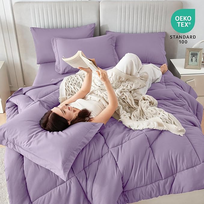 Sasttie King Size Comforter Set, 7 Pieces Bed in a Bag King, Complete Bedding Set Includes Comforter, Flat Sheet, Fitted Sheet, Pillowcases and Pillow Shams, Violet