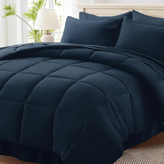 Anluoer Full Size Bed in a Bag 7 Pieces, Navy Blue Bed Comforter Set with Sheets, All Season Bedding Sets with 1 Comforter,2 Pillow Shams,2 Pillowcases, 1 Flat Sheet,1 Fitted Sheet