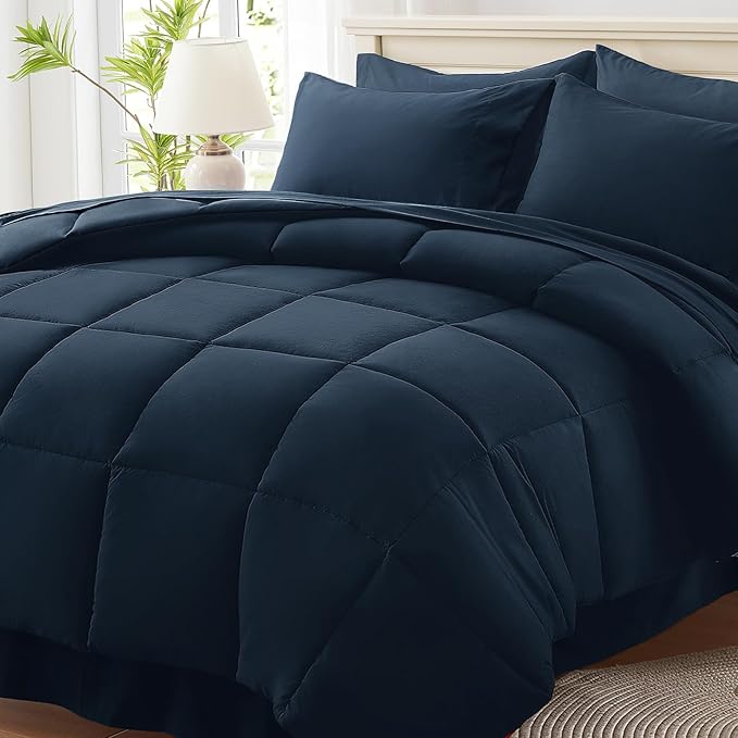 Anluoer King Size Bed in a Bag 7 Pieces, Navy Blue Bed Comforter Set with Sheets, All Season Bedding Sets with 1 Comforter,2 Pillow Shams,2 Pillowcases, 1 Flat Sheet, 1 Fitted Sheet