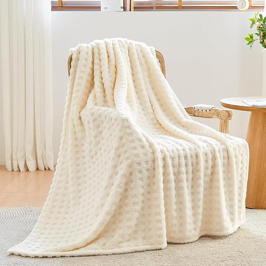 NEWCOSPLAY Super Soft Twin Blanket Ivory Premium Silky Flannel Fleece 3D Waffle Checkered Lightweight Bed Blanket All Season Use (Ivory, Twin(60"x80"))
