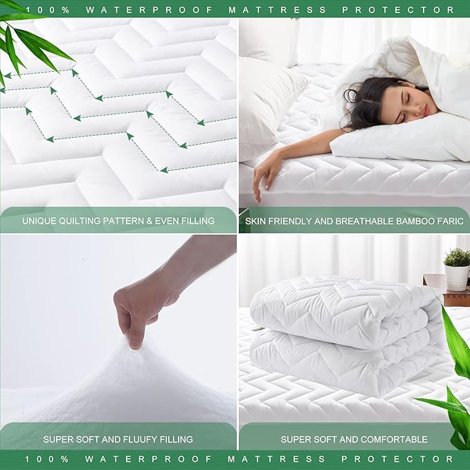 Unilibra Queen Size Waterproof Mattress Pad Rayon Made from Bamboo, Quilted Breathable Mattress Protector, 6''-25'' Deep Pocket Fitted Mattress Cover White
