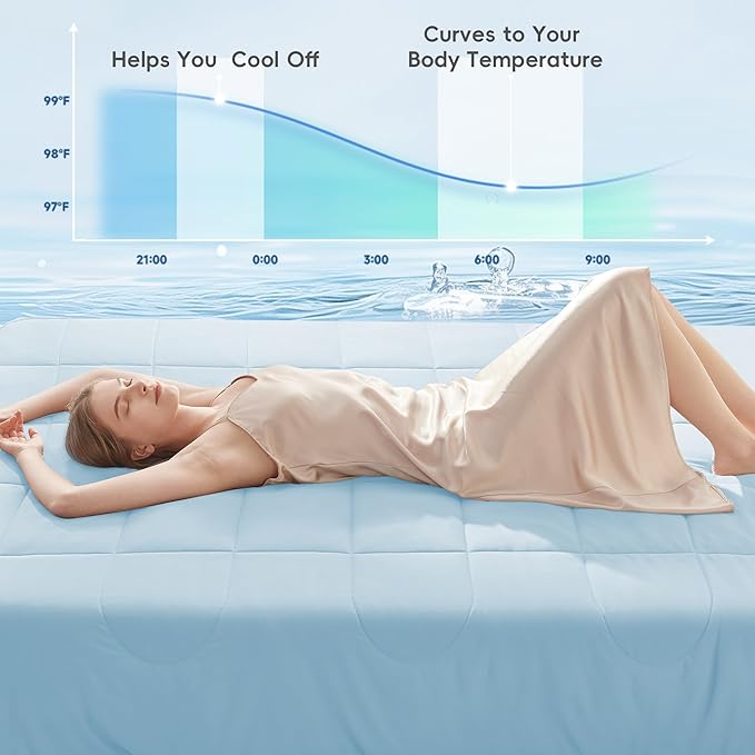 HYLEORY Cooling Comforter Twin Size - Summer Cooling Blanket for Hot Sleepers/Night Sweats, Double-Sided Cold Touch Silky Ice Comforters, Breathable Lightweight Beddings, Cool Blue, 68"x90"