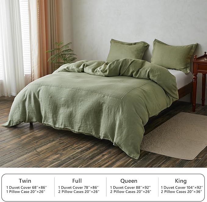 Simple&Opulence 100% Washed Linen Duvet Cover Set 88"x92" - 3 Pieces Soft Farmhouse Comforter Set Double Embroidered with Button Closure - 1 Duvet Cover and 2 Pillowshams (Sage Green, Queen)