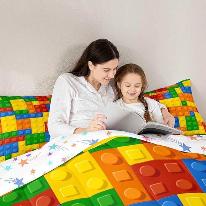 Feelyou Games Comforter Set King Building Blocks Bedding Set for Kids Boys Girls Colorful Geometric Toy Brick Comforter Gaming Nursery Quilt Duvet Set with 2 Pillowcase Boys