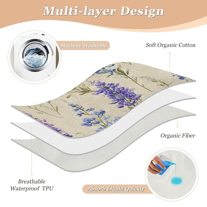 Waterproof Bed Pad Reusable Changing Pad Toddler Mattress Protector Large Pee Pad Baby Diaper Pad Soft Washable Liner Bluebonnet Lavender