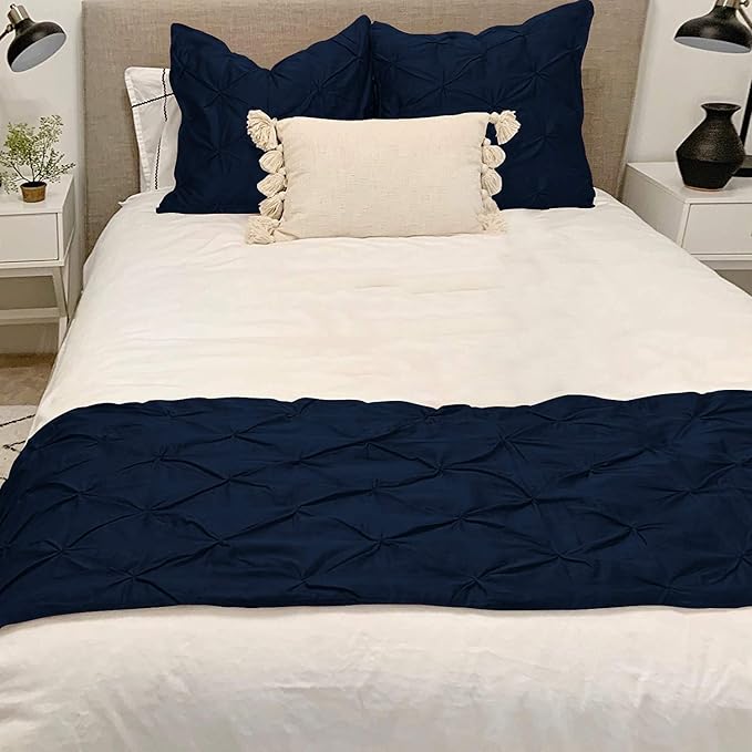 Bed Runner Set - 100% Pure Cotton 800 Thread Count - Luxury 1 Pinch Pleated Bed Runner and 2 Pillow Cover - 3 Piece Pinch Pleated Bed Runner Set Queen, Navy Blue