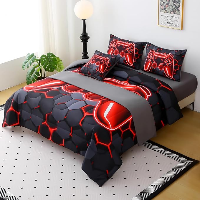 JQinHome Queen Size Gaming Bedding Set 6-Piece Comforter for Boys Teens - 3D Video Game Print Bed in a Bag with Sheets, Red Cool Black Design (Queen)