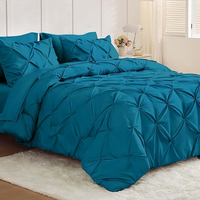 JOLLYVOGUE Full Size Comforter Sets 7 Pieces - Bed in a Bag Full for All Season, Pintuck Bedding Comforter Sets with Comforter, Flat Sheet, Fitted Sheet and Pillowcases & Shams, Teal