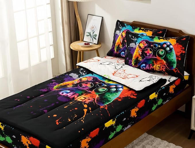 Meeting Story 3pcs Kids Comforter Set Twin Zip up Bedding Set for Boys,Kid Bedding Set Game Print Comforter Set for Kid,All in one Zipper Bedding（Darkblack,Twin）