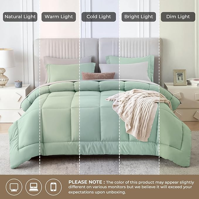 Sasttie Queen Comforter Set, 7 Pieces Bed in a Bag Queen, Complete Bedding Set Includes Comforter, Flat Sheet, Fitted Sheet, Pillowcases and Pillow Shams, Sage & Light Grey