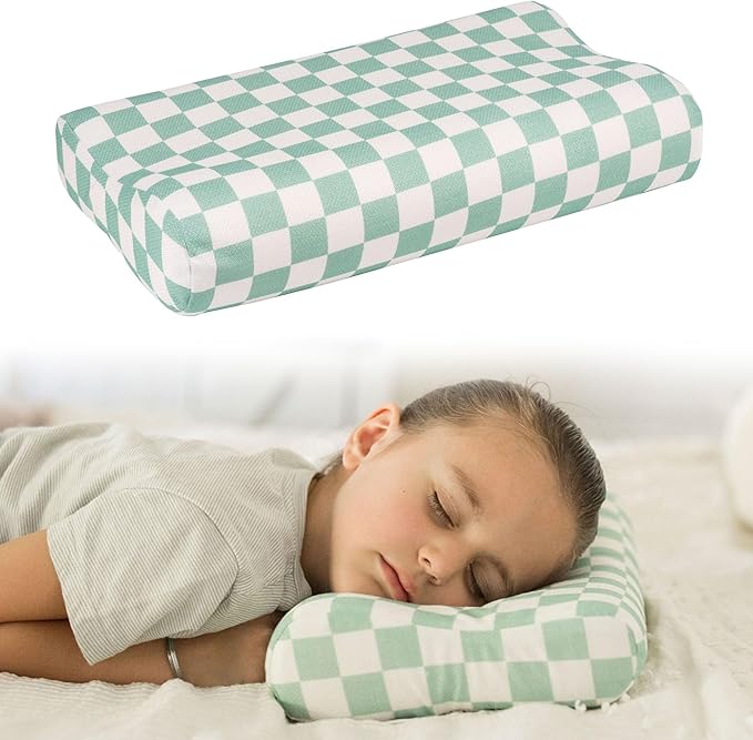 Tiny Twinkle Toddler Pillow with Fitted Pillowcase | Ergonomic Shape with Resilient, Cloud-Like Memory Foam for Comfortable Sleeping | Kids Travel Pillows (Sage Checkers)