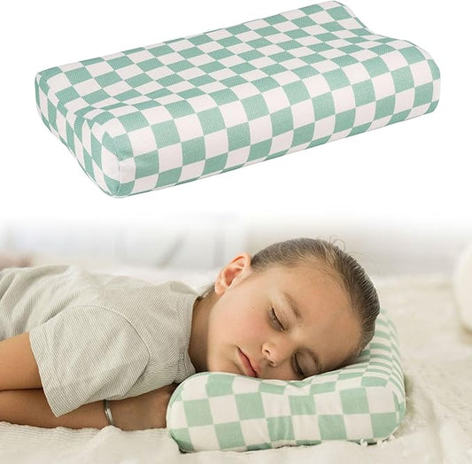 Tiny Twinkle Toddler Pillow with Fitted Pillowcase | Ergonomic Shape with Resilient, Cloud-Like Memory Foam for Comfortable Sleeping | Kids Travel Pillows (Sage Checkers)