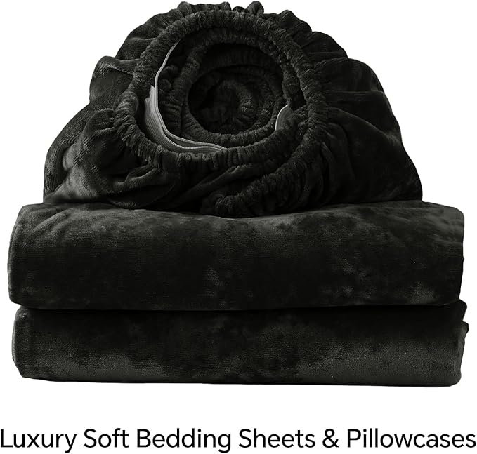 BEDELITE Velvet Fitted Sheet and Pillowcase Set, Luxury Soft Fuzzy Bottom Sheet with Reinforced Elastic Corner Straps, Deep Pocket up to 15 Inch, 1 Fitted Sheet and 1 Pillowcase (Twin XL, Black)