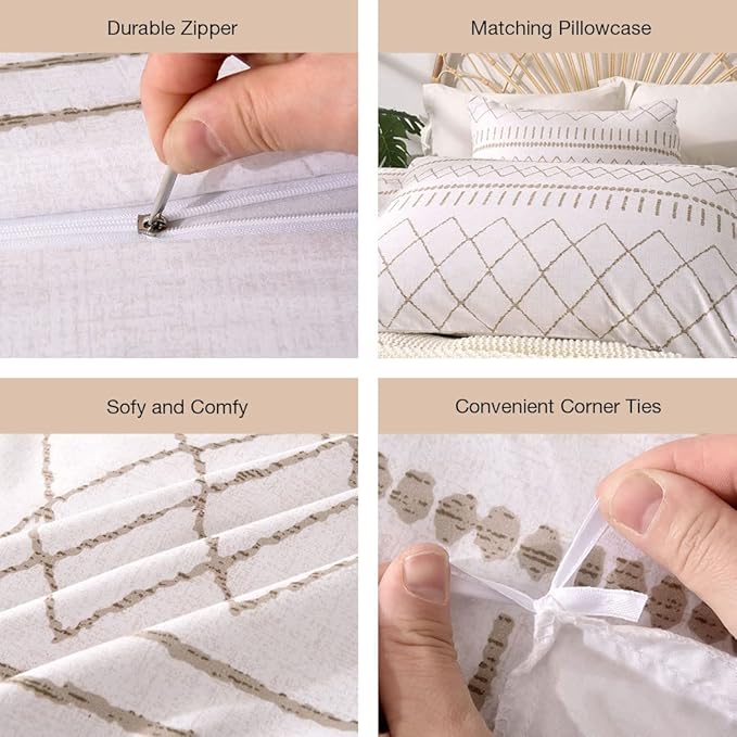 Lekesky Duvet Cover King Size, Soft Microfiber Boho Aztec Duvet Cover Set White Geometric Pattern Bohemian Bedding Duvet Cover Set with Zipper Closure Corner Ties (No Comforter)