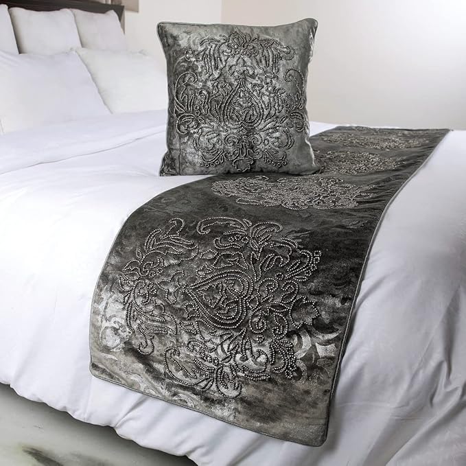 HomeCentric Designer Bed Runner with Throw Pillow Cover, 90 x 18 Inch Damask King Size Bed Scarf in Foil Velvet and Embroidery