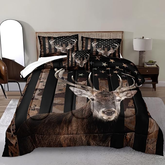 Bedbay American Flag Bed Comforter Set Hunting Deer Bedding Boys Girls Bedroom Decor Camo Bedding Down Alternative Comforter Camouflage Quilt Set 4 Pcs Lightweight Quilt for All Seasons(Deer,Queen)