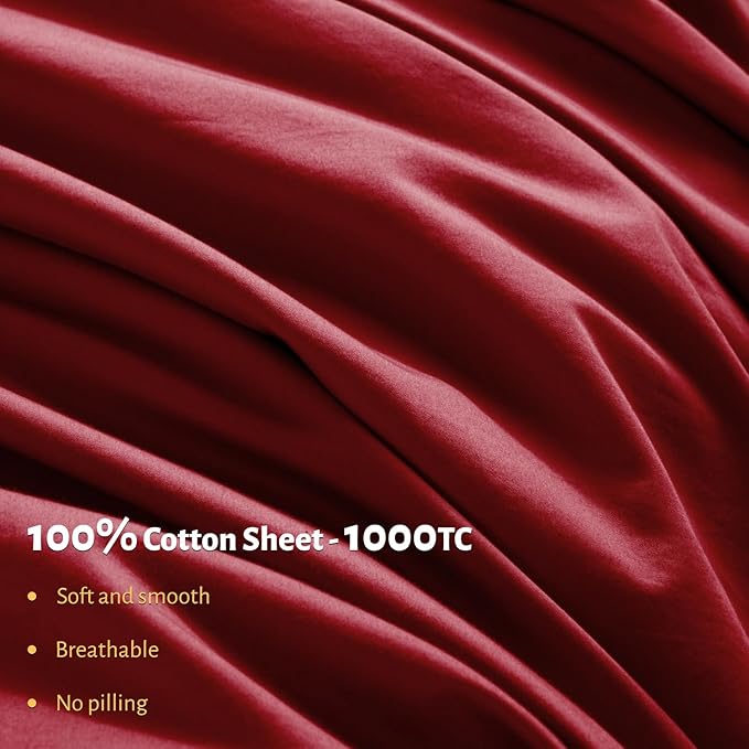 Shilucheng 100% Egyptian Cotton Sheets Set，Luxury Cotton Bed Sheets，Breathable Bedding and Pillow Cases, 16 Inch Deep Pocket - 4 Piece (Burgundy, King)