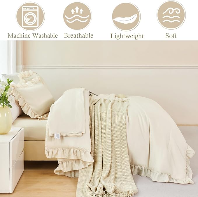 ANGIYUIN 5 Pieces Camel Ruffled Full Size Bedding Sets for Kids Girls Shabby Boho Bed in A Bag Lightweight Fluffy Bed Comforter Sets with Sheets(Camel Full)