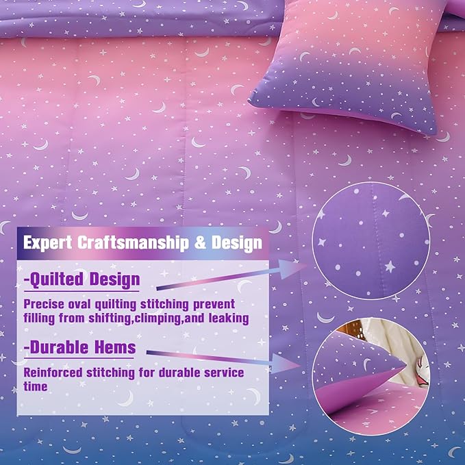 JQinHome Queen Girls Comforter Set,6 Piece Bed in A Bag 3D Purple Orange Glitter Bedding Set -All Season Microfiber Rainbow Bedding Sets for Girls Women