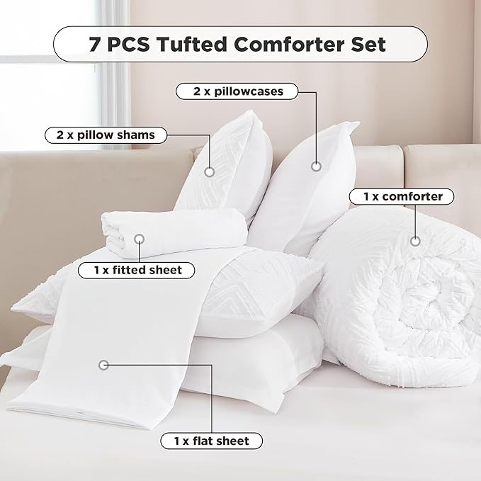 Andency California King Size Comforter Set with Sheets White - 7 Pieces Bed in a Bag Cal King Boho Tufted Lightweight Bedding Sets with Comforter, Sheets, Pillowcases & Shams