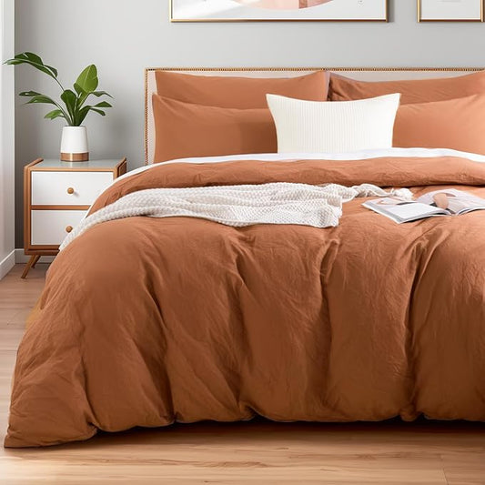 NEXHOME PRO Duvet Cover Set 100% Washed Cotton Super King 108"x98", Organic Natural Linen Look Textured 3 Pieces Bedding Set Terracotta Burnt Orange with Zipper Closure, Soft (No Comforter)