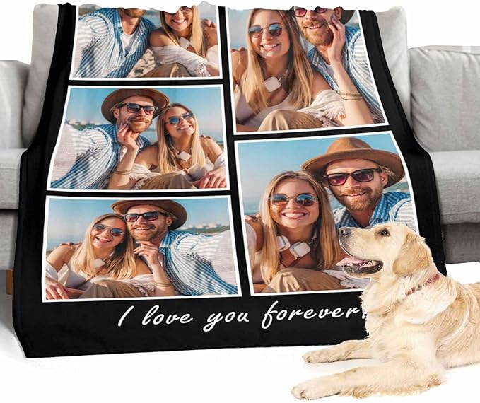 Personalized Picture Collage Blanket, 5 Photos Custom Blanket Personalized Photo Blanket Customized Couple Gifts for Girlfriend Boyfriend Wife Husband, 8 Sizes