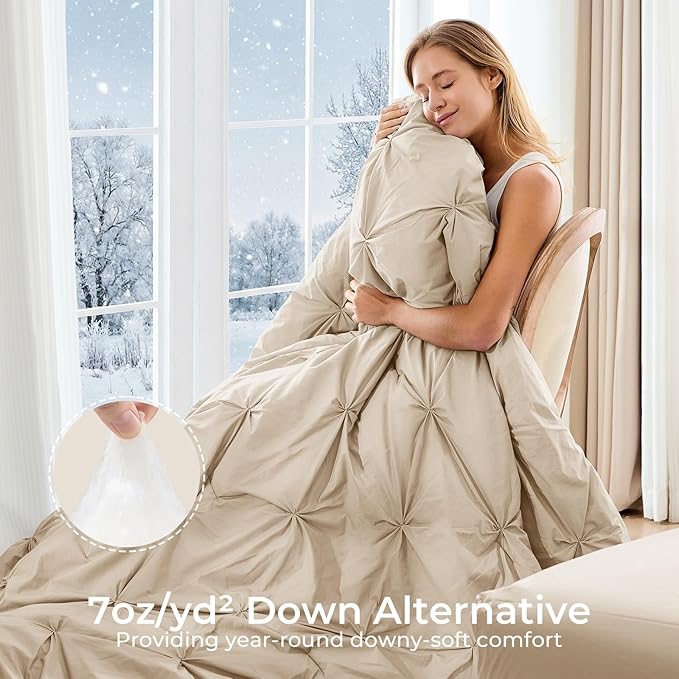 Sasttie California King Comforter Set, 7-Piece Bed in a Bag Cal King, Pintuck Bedding Set for All Season, Includes Comforter, Flat Sheet, Fitted Sheet, Pillowcases and Pillowshams, Warm Beige