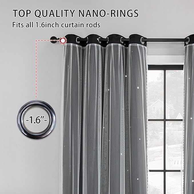 XiDi Black Curtains for Bedroom 2 Panel Set, Blackout Curtains for Girls Bedroom Decor, Star Hollow Out Drapes for Kids Room, Double Layer Window Treatment for Living Room 52x84 Inches Long