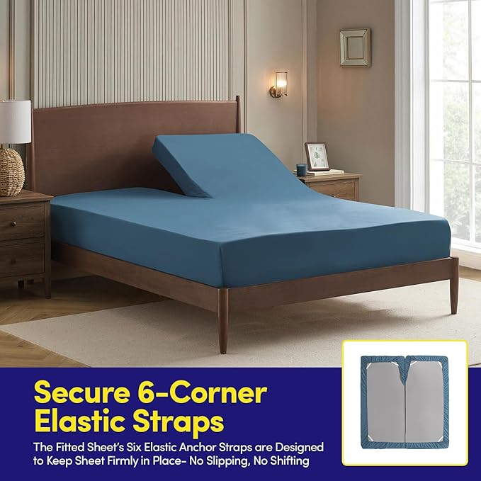Split Head King Sheets Set for Adjustable Beds 4 Piece Flex Top Bed Sheets – Deep Pocket Split Top Fitted Sheet with Built-in Corner Straps, Luxury Soft Cooling Bedding, Wrinkle Resistant, Denim