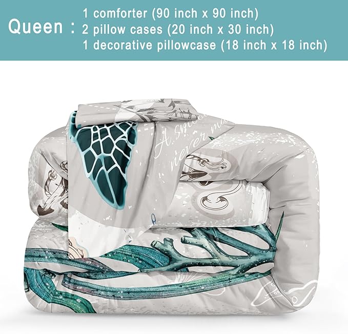 Bedbay Coastal Bedding Set Queen Size for Girls Boys - Soft Lightweight Ocean Bedding Quilt Set - Beach Room Decor 4 Pcs Retro Turtle Beach Theme Duvet Insert