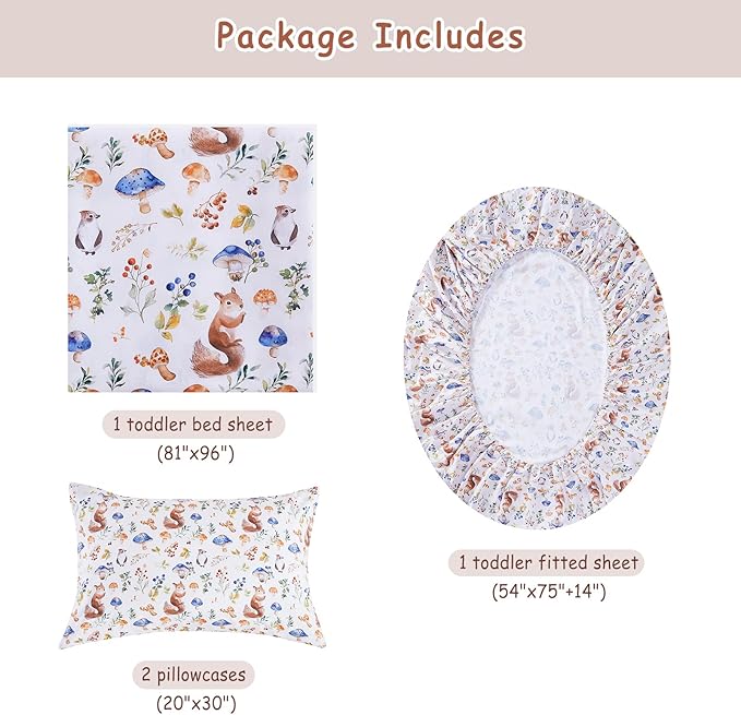 Kids Sheet Set Full Size, Full Sheet Set with Oil Squirrel Pattern，Breathable Silky Soft Microfiber Kids Fitted Sheet