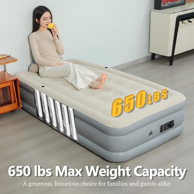 Air Mattress with Headboard, 16" Inflatable Bed with Built-in Electric Pump, 2-Min Quick Inflation/Deflation, Leak-Free Odorless Design, Supports 650 lbs, Twin Airbed for Camping, Home, Guests, Travel