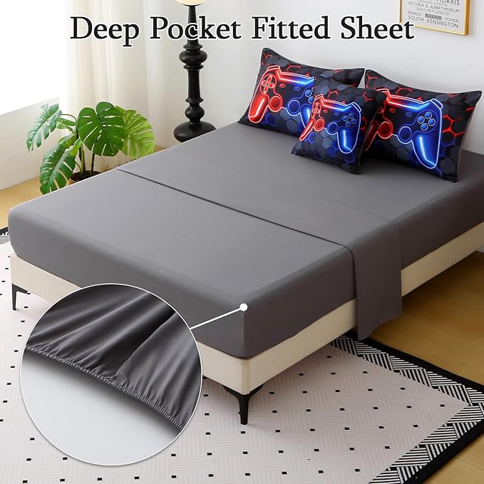 JQinHome Queen Gaming Bedding Set 6-Piece Comforter for Kids Teens - 3D Video Game Console Print Bed in a Bag with Ultra-Soft Fluffy Sheets, Red-Blue Unisex Design (Queen)
