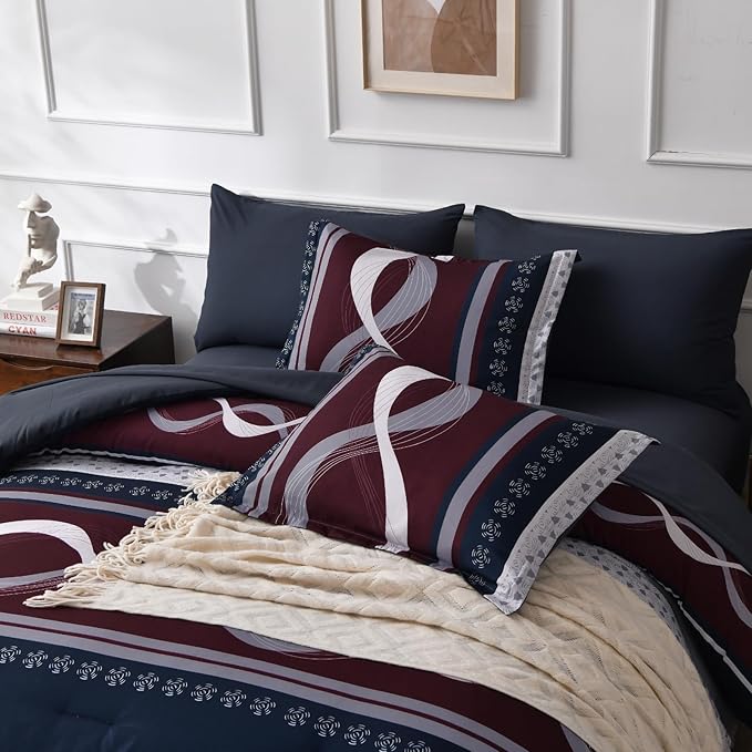 Anibedding Striped Comforter Set Queen Size,8 Pieces Bed in a Bag Blue Red Patchwork Bedding Sets,Boho Soft Microfiber Bedding Set for All Season(90"×90")