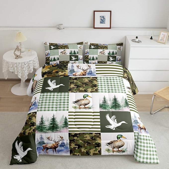 Feelyou Kids Mallard Duck Comforter Set King Size, Duck Hunting Bedding Set Green Duck Comforter for Boys Girls Deer Hunting Duvet Insert Bed Set 3Pcs