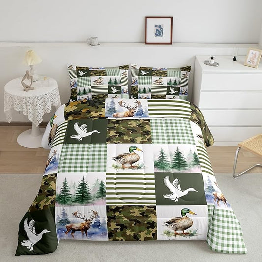 Feelyou Kids Mallard Duck Comforter Set King Size, Duck Hunting Bedding Set Green Duck Comforter for Boys Girls Deer Hunting Duvet Insert Bed Set 3Pcs