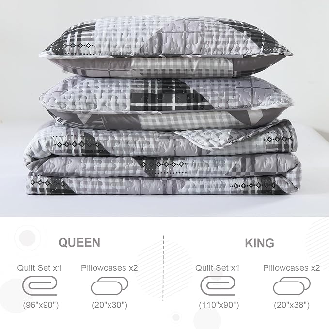 Annibedding Patchwork Quilt Set King Size, Grey Geometric Bedspread Plaid Patchwork Bedding Set for All Season, Soft Lightweight Bedspread with Wave Quilting (King, 110''x90'')