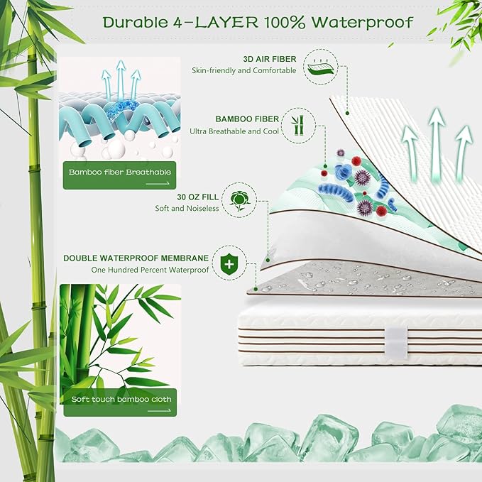 GRT Queen Waterproof Mattress Protector Rayon Bamboo - 3D Air Fiber Cooling Mattress Cover Breathable Ultra Soft, Mattress Pad Noiseless Fits up to 26'' Deep Pocket Washable