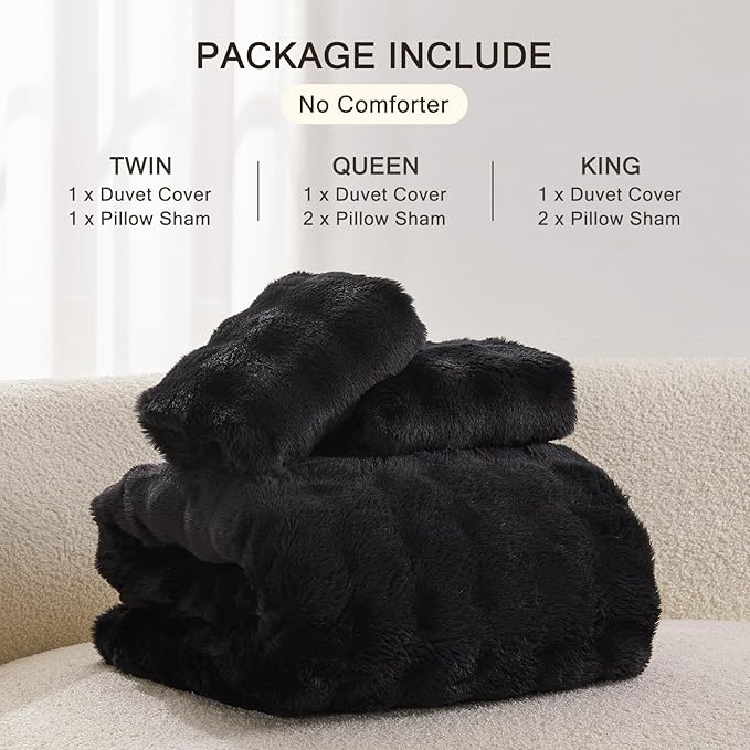 EMME Faux Fur Duvet Cover Twin Size, 2 Pieces Ultra Soft Fluffy Comforter Cover, Cozy Warm for Winter, Luxury Elegant Shaggy Bubble Design Bedding, 1 Duvet Cover & 1 Pillow Shams (Twin, Black)