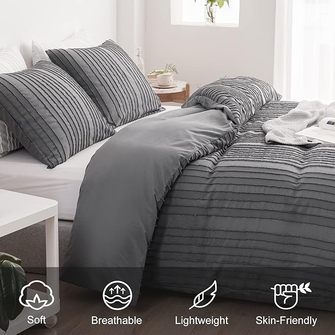 WARMDERN Gray Boho Duvet Cover Set King Size, Striped Textured Duvet Cover Tufted Bedding Set, 3 Pcs Ultra Soft Washed Microfiber Duvet Cover with Zipper Closure (King, Gray)