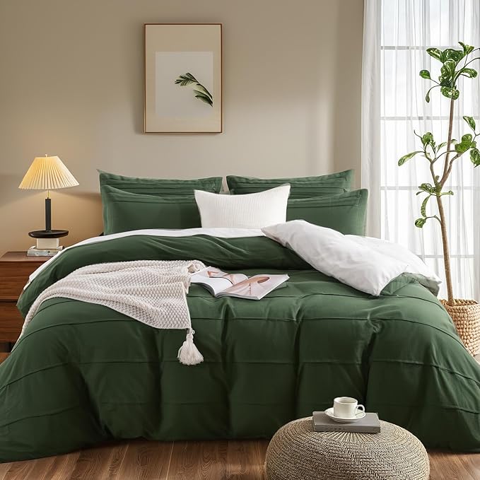 NEXHOME PRO 100% Organic Cotton Duvet Cover Super King Size, Linen Like Pleated Textured Forest Green Duvet Cover Set, 3pc Bedding Set with Zipper Closure, Soft,108"x98", No Comforter