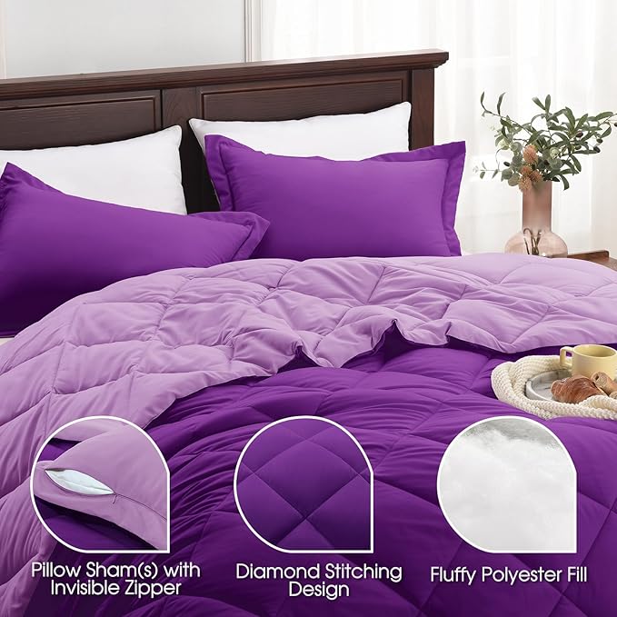 Basic Beyond Queen Comforter Set - Reversible Purple/Lilac Comforter (88"x92") and 2 Pillow Shams (20"x26"+2") for All Seasons